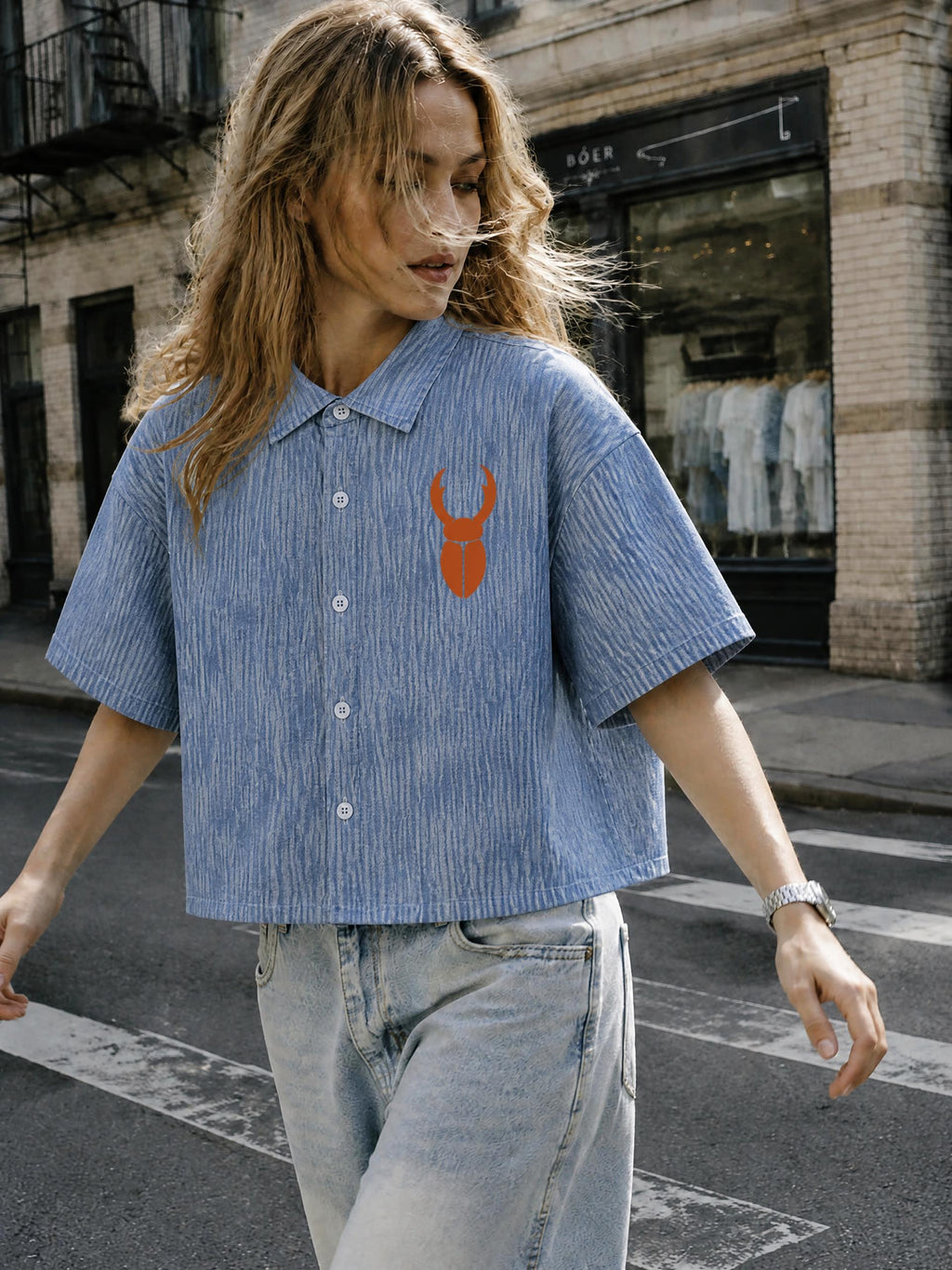 Staghorn Logo Unisex Boxy Vintage Wash Denim Shirt